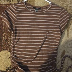 Forever 21 Brown and White Striped Short Sleeve Top